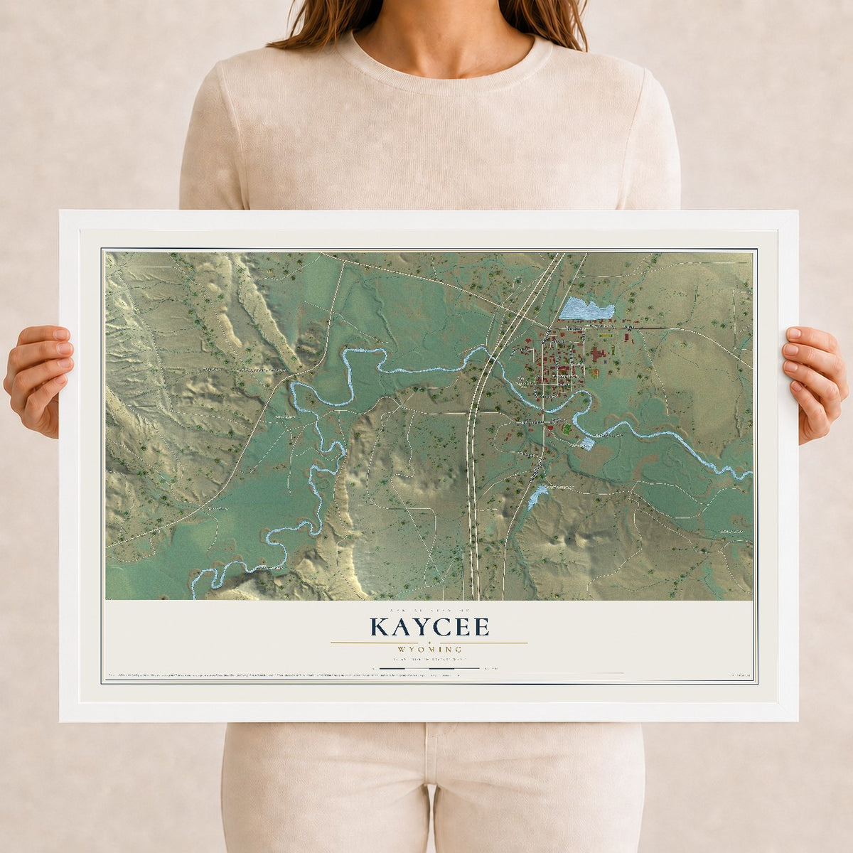Map of Kaycee, Wyoming, 12 x 18 inch print in a white wood frame