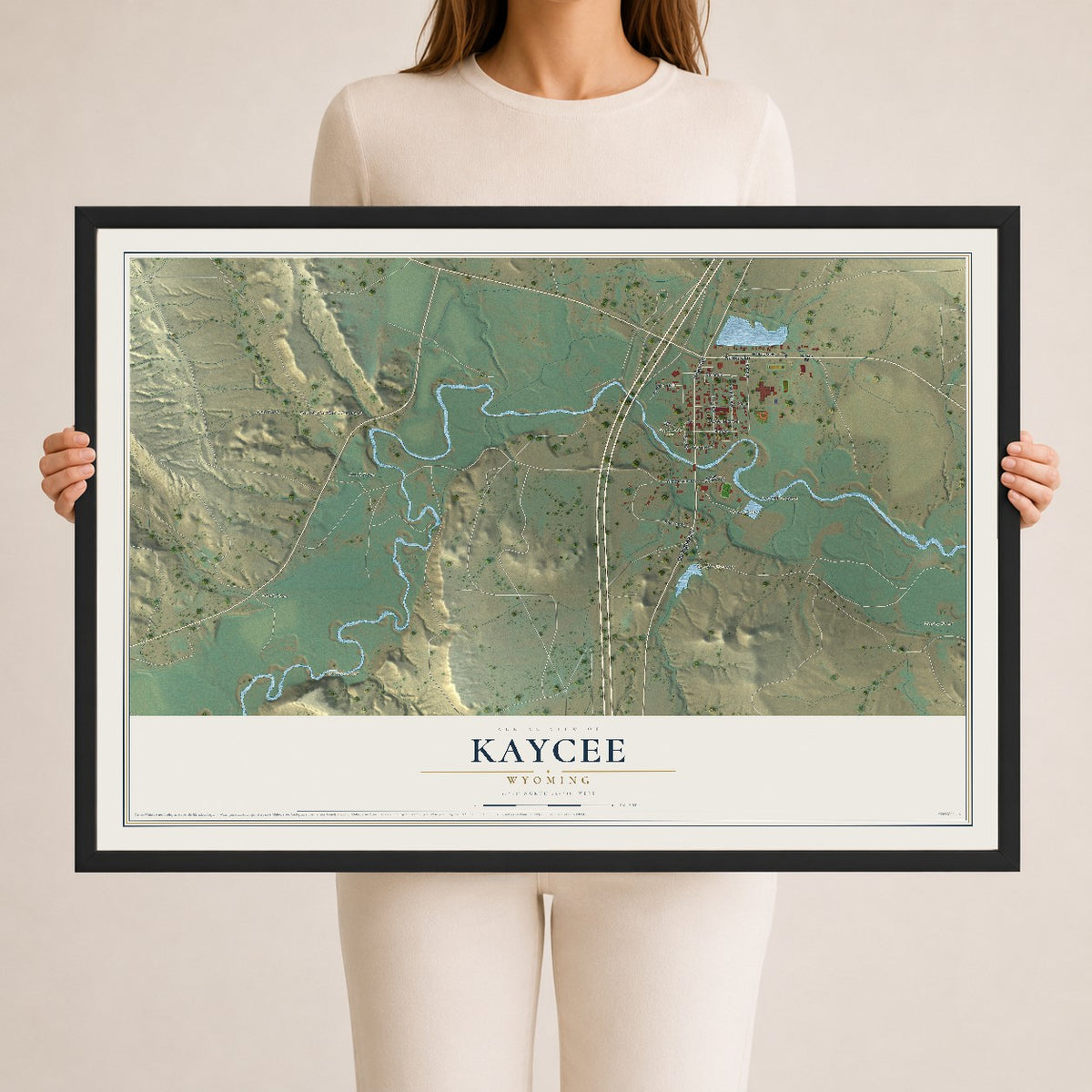 Map of Kaycee, Wyoming, 24 x 36 inch print in a black wood frame