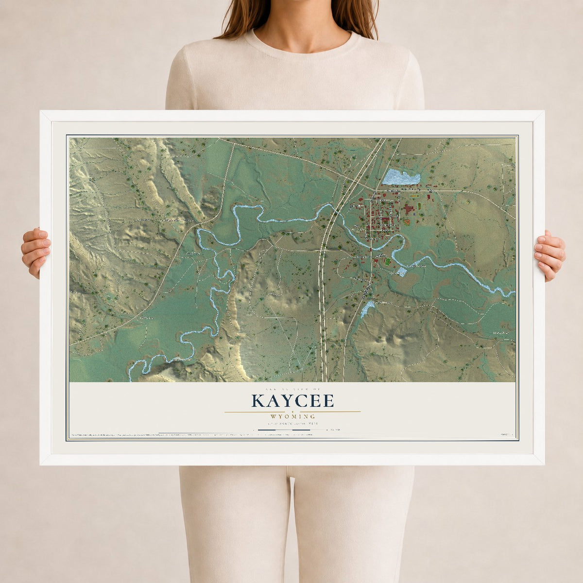 Map of Kaycee, Wyoming, 24 x 36 inch print in a white wood frame