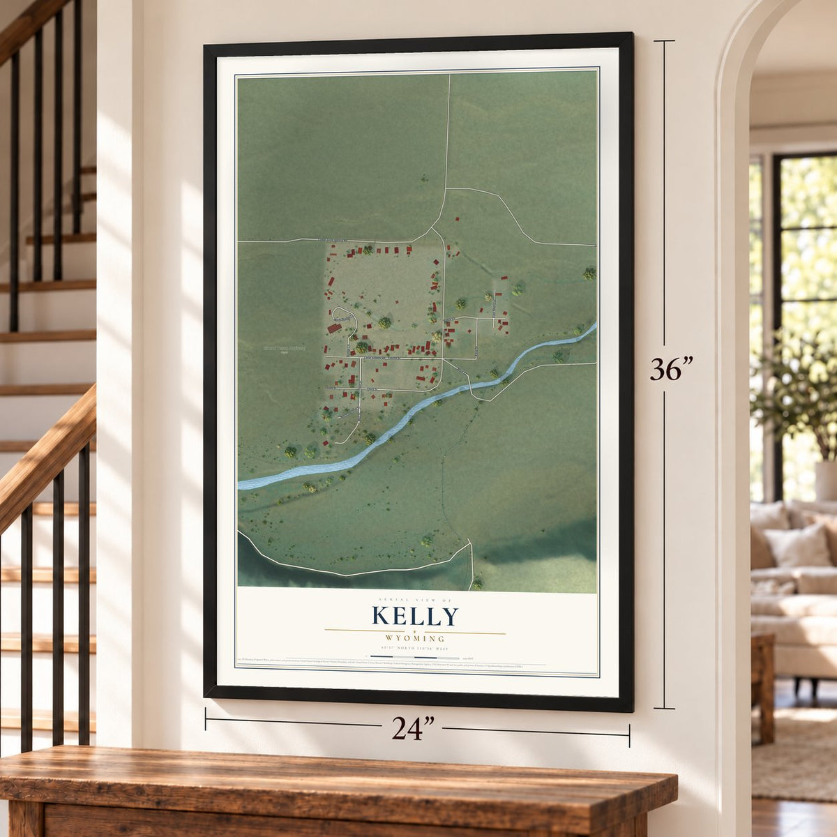 Kelly, Wyoming map, 24 x 36 inch print in a black frame by a staircase