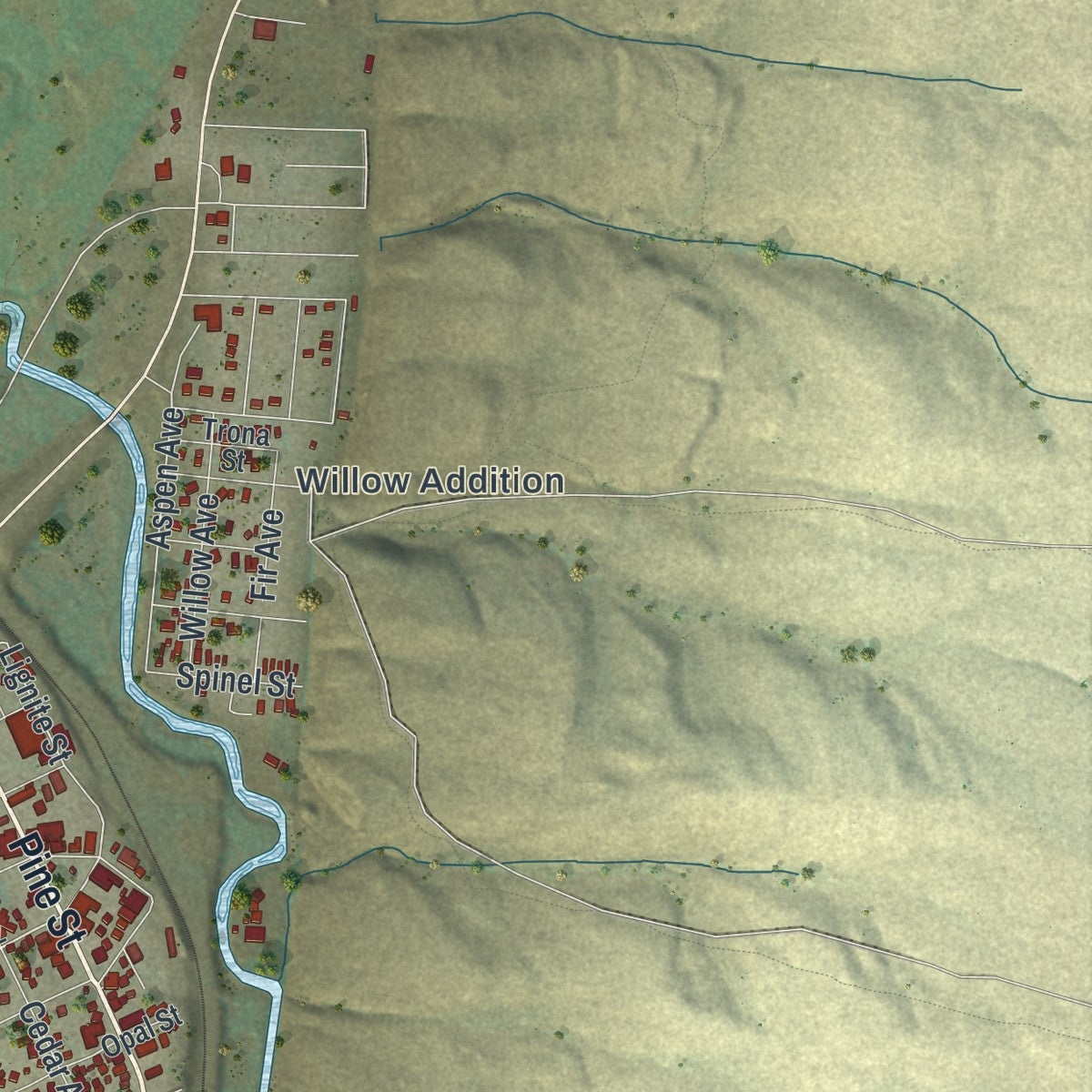 Second close-up of the map of Kemmerer, Wyoming print showing more streets and buildings