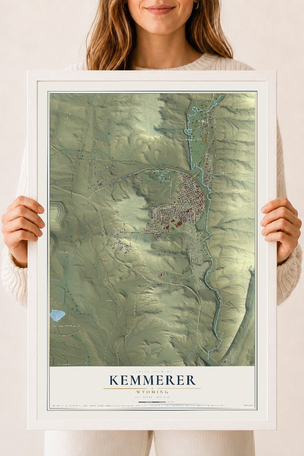 Map of Kemmerer, Wyoming, 18 x 24 inch print in a white wood frame