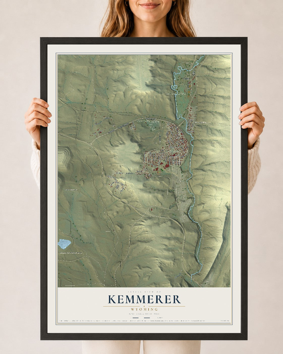 Map of Kemmerer, Wyoming, 24 x 36 inch print in a black wood frame
