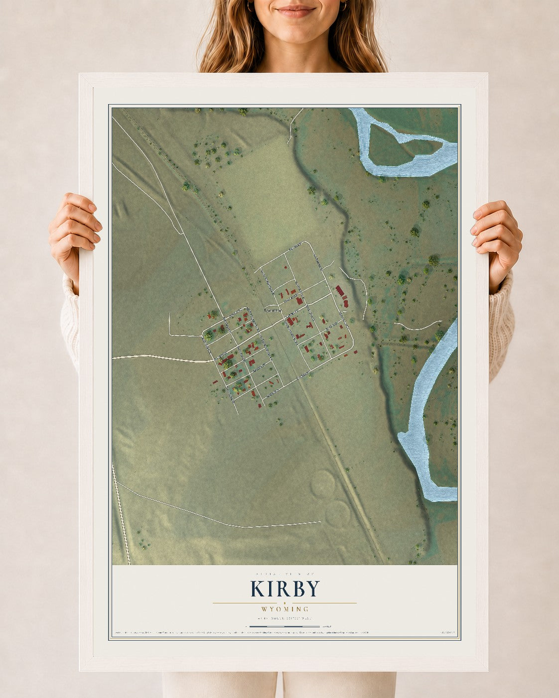 Map of Kirby, Wyoming, 24 x 36 inch print in a white wood frame