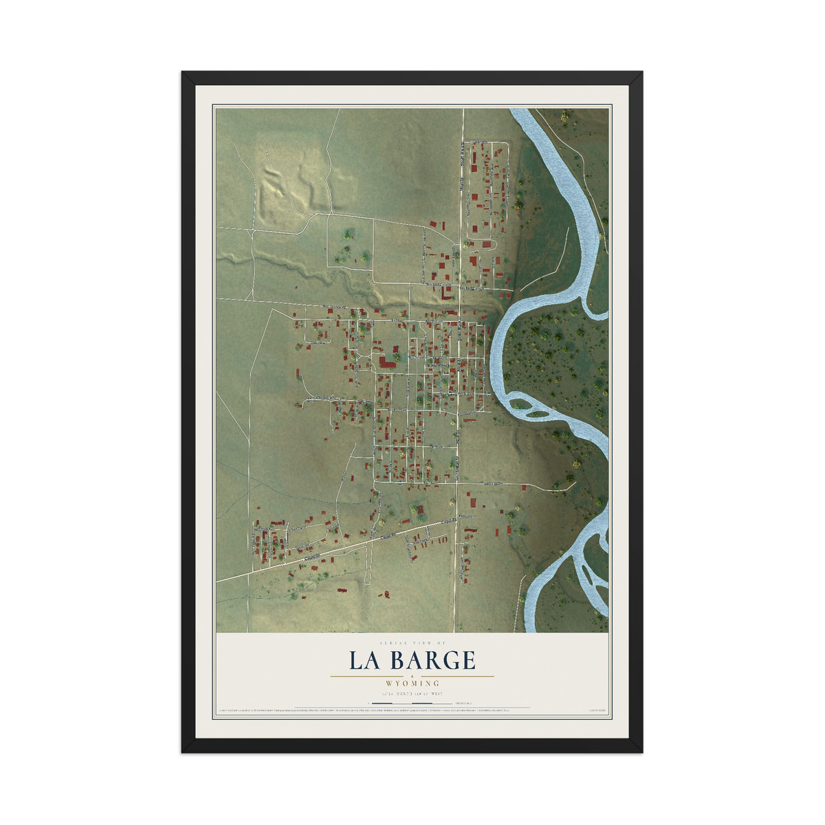 Map of La Barge, Wyoming, 12 x 18 inch print in a black wood frame