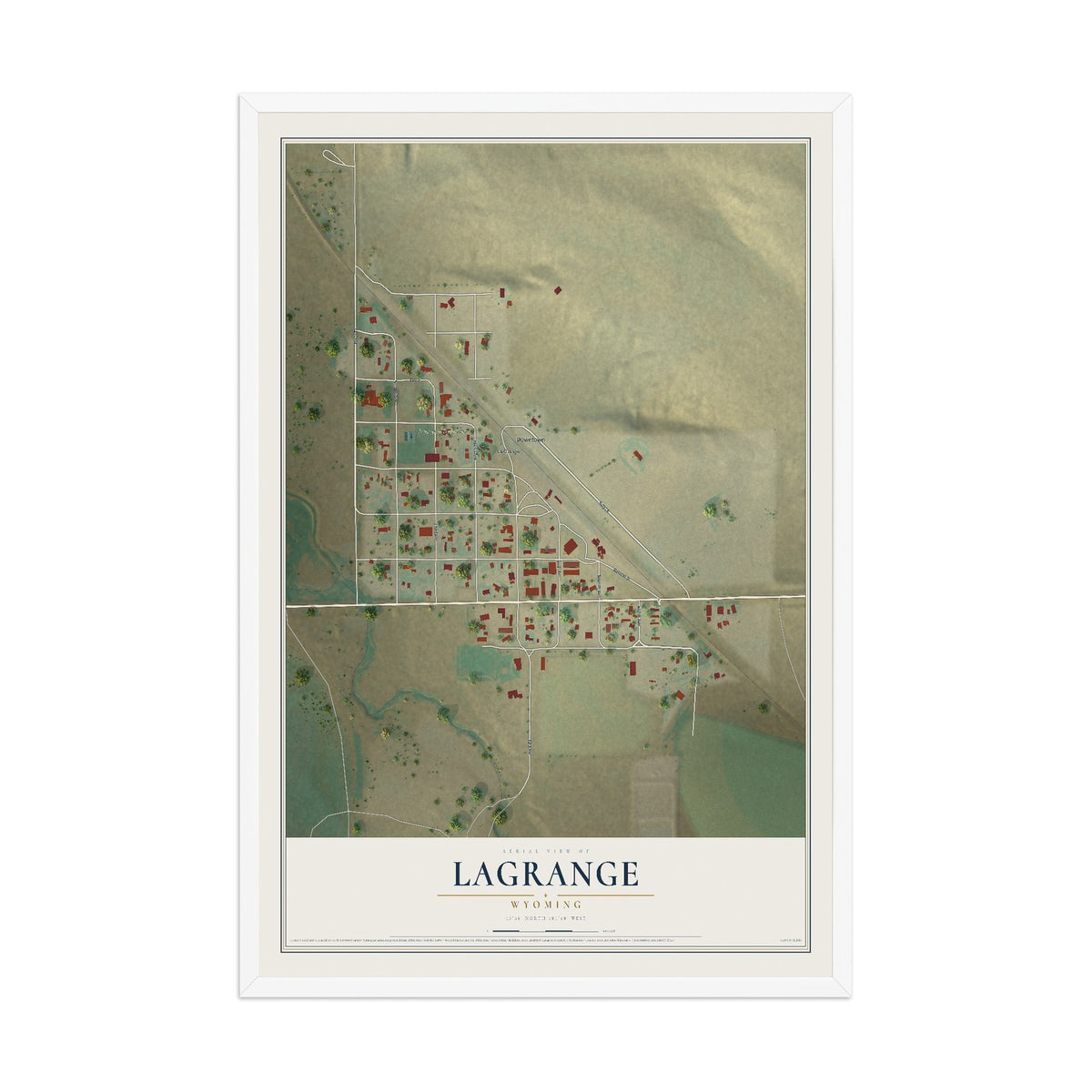 Map of LaGrange, Wyoming, 12 x 18 inch print in a white wood frame