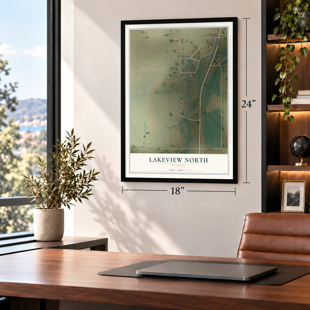 Lakeview North, Wyoming map, 18 x 24 inch print in a black frame in a home office