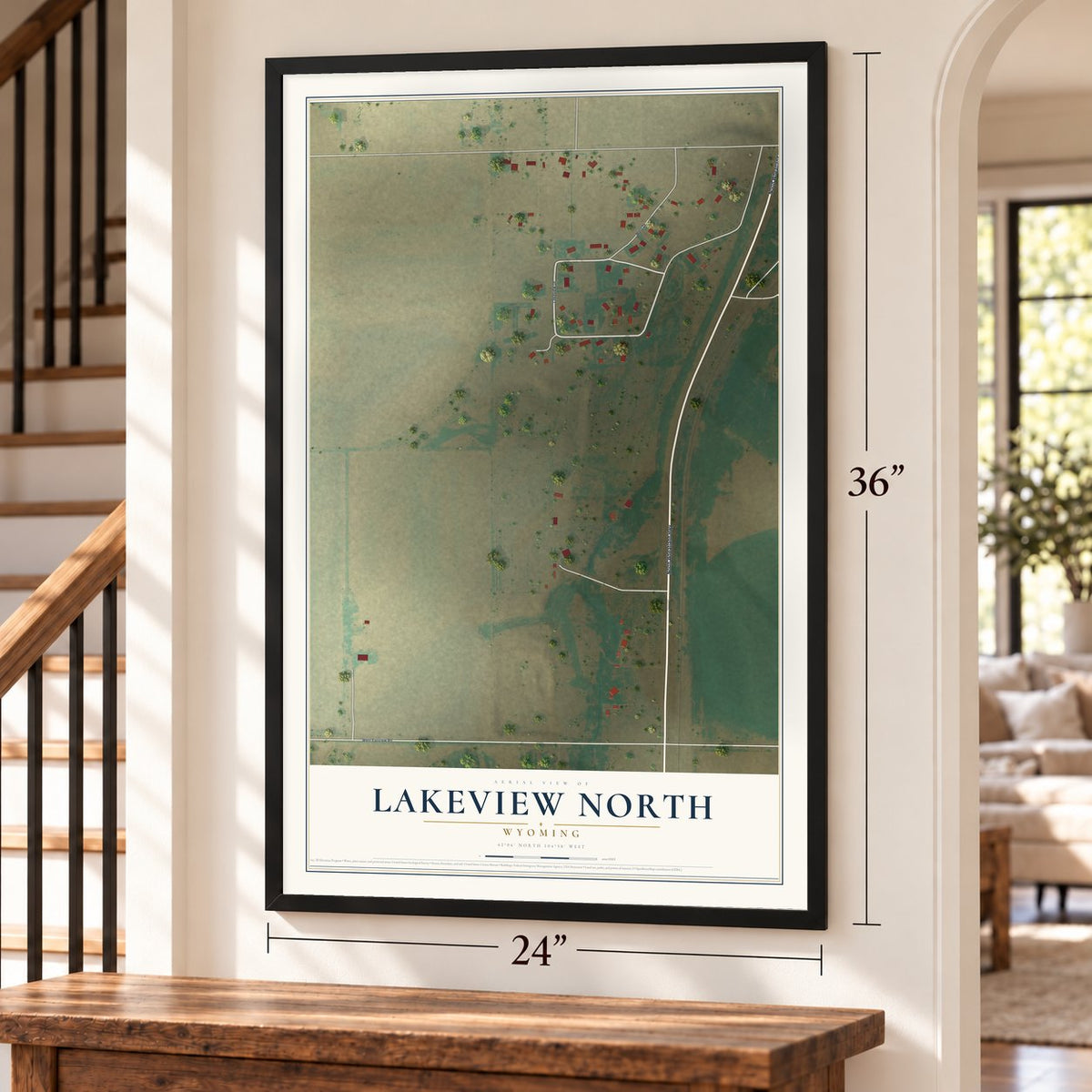 Lakeview North, Wyoming map, 24 x 36 inch print in a black frame by a staircase