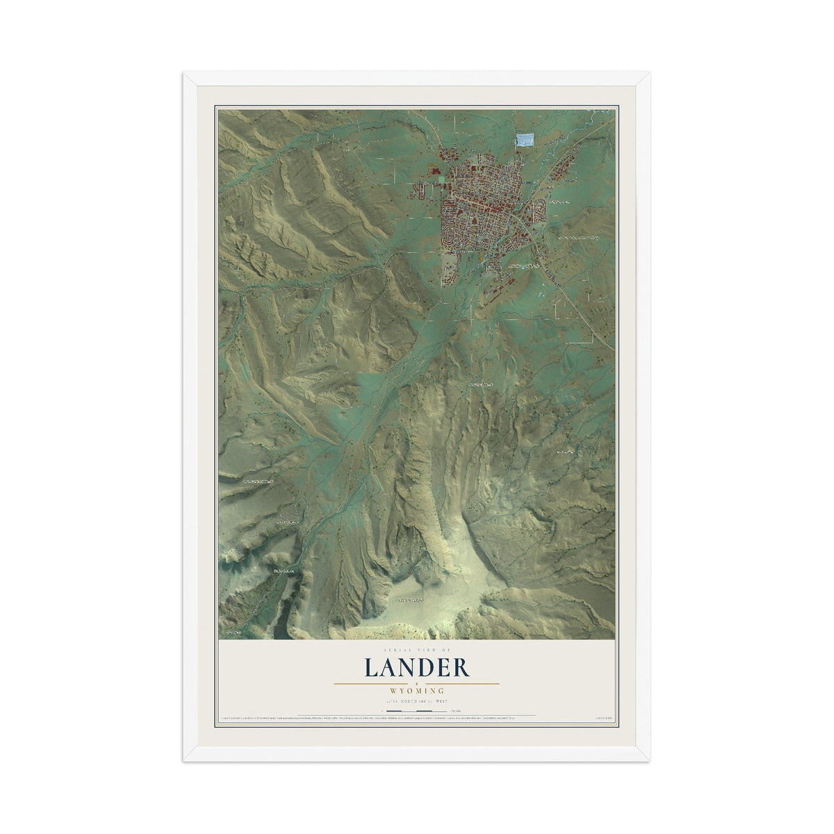 Map of Lander, Wyoming, 12 x 18 inch print in a white wood frame