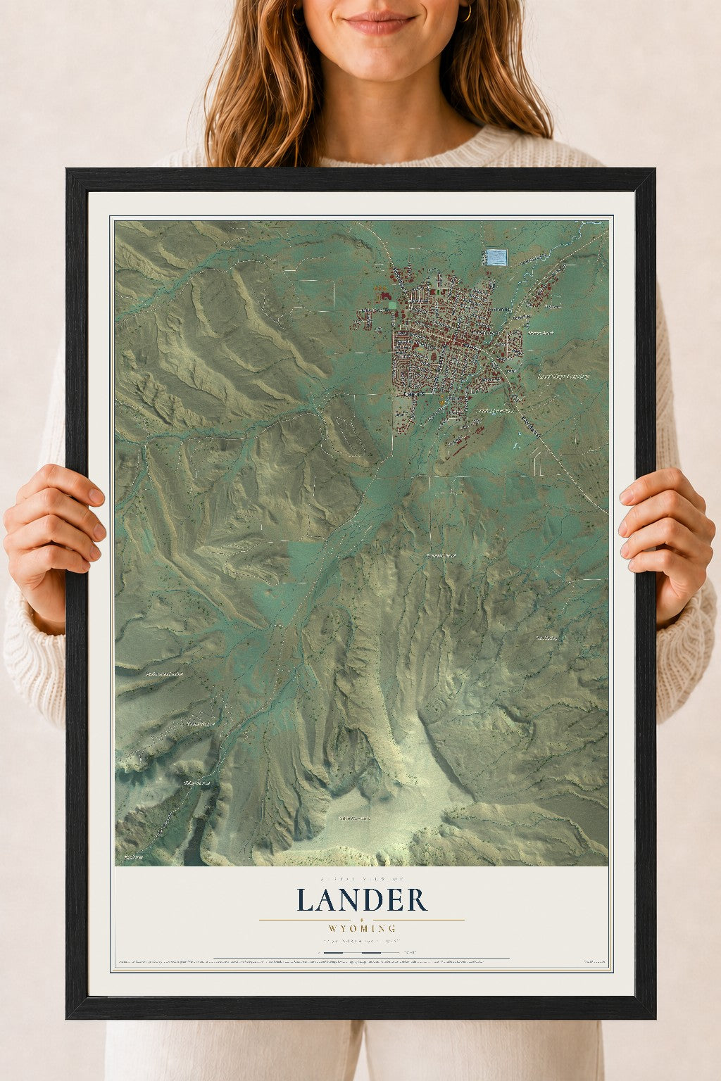 Map of Lander, Wyoming, 18 x 24 inch print in a black wood frame
