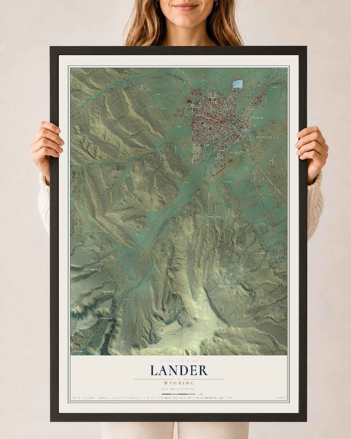 Map of Lander, Wyoming, 24 x 36 inch print in a black wood frame