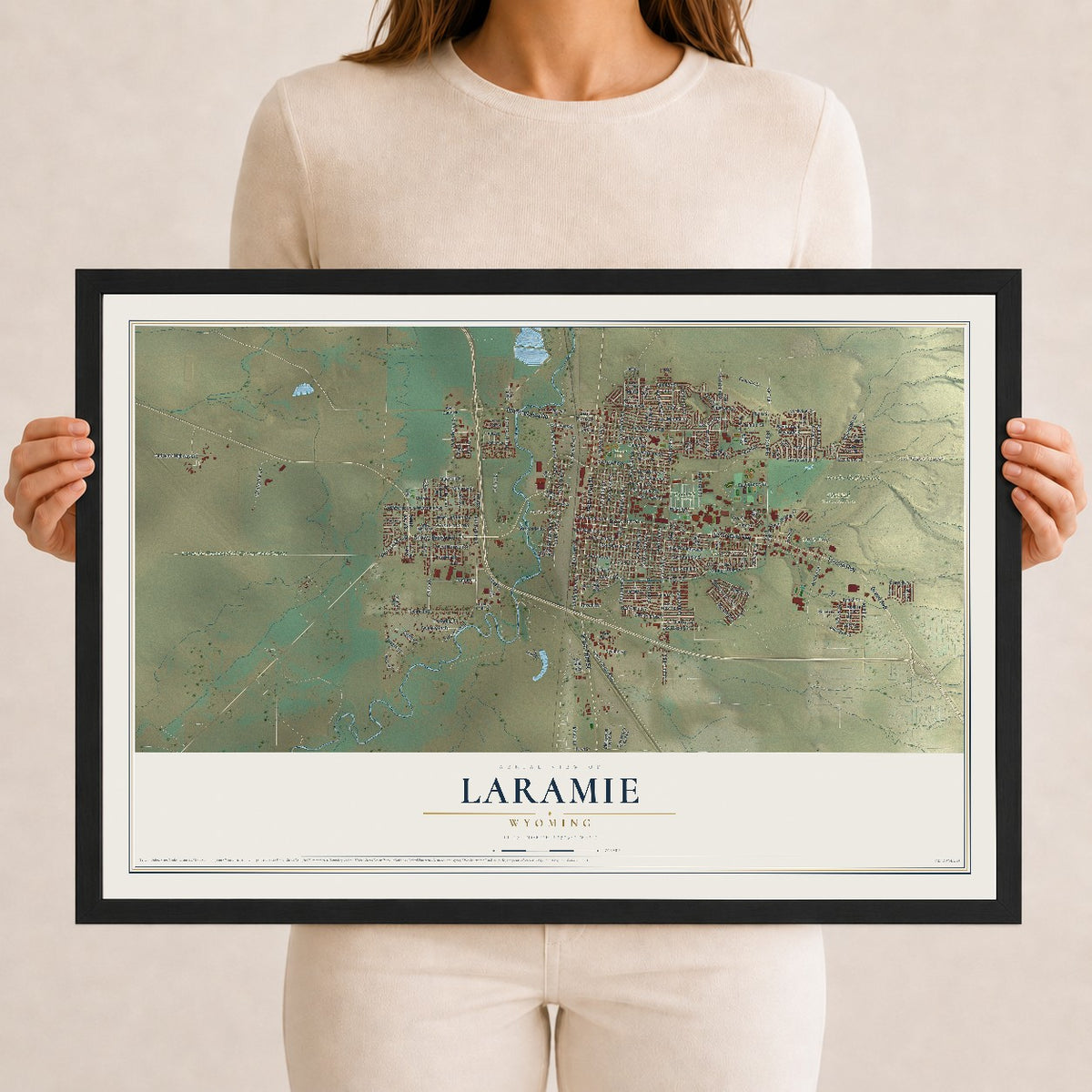 Map of Laramie, Wyoming, 12 x 18 inch print in a black wood frame
