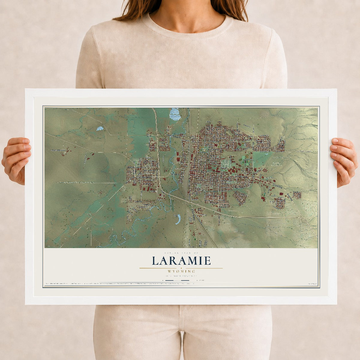 Map of Laramie, Wyoming, 12 x 18 inch print in a white wood frame