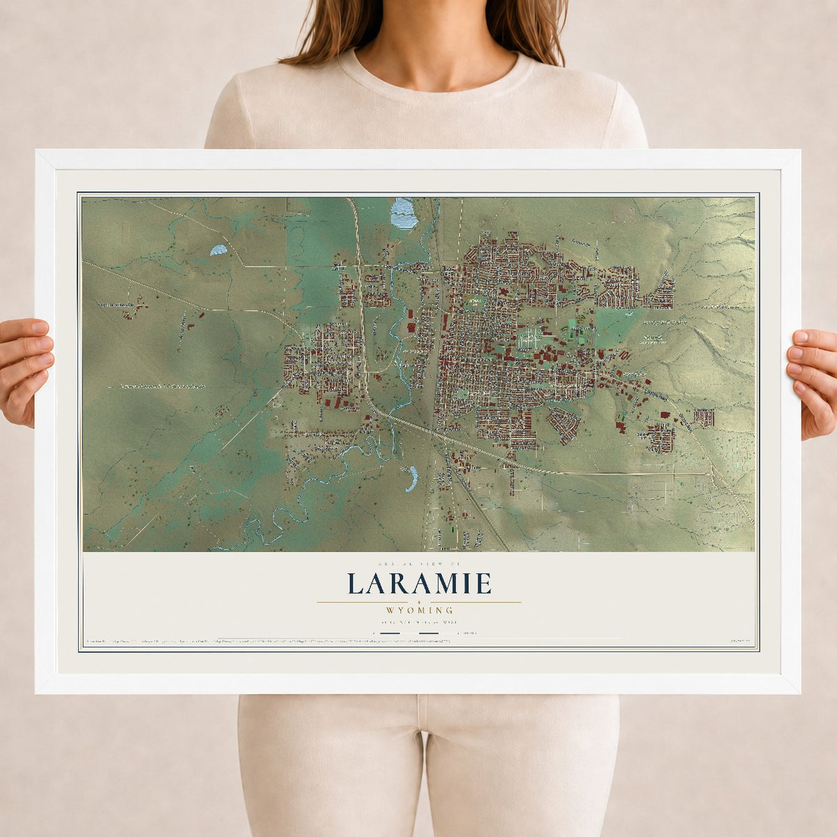 Map of Laramie, Wyoming, 18 x 24 inch print in a white wood frame