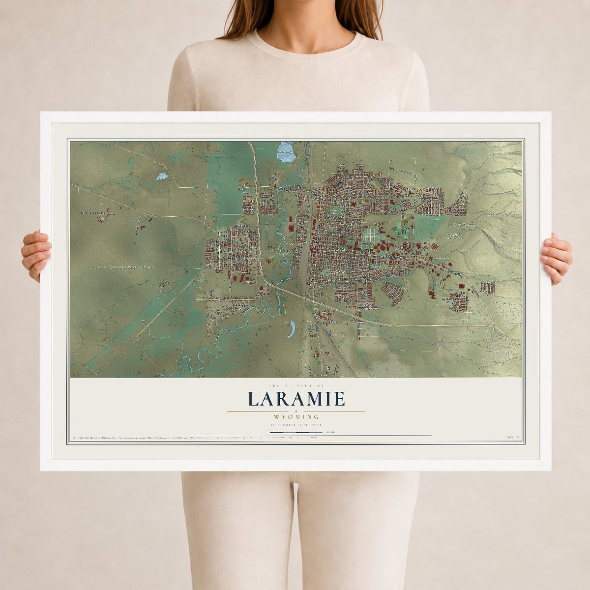 Map of Laramie, Wyoming, 24 x 36 inch print in a white wood frame