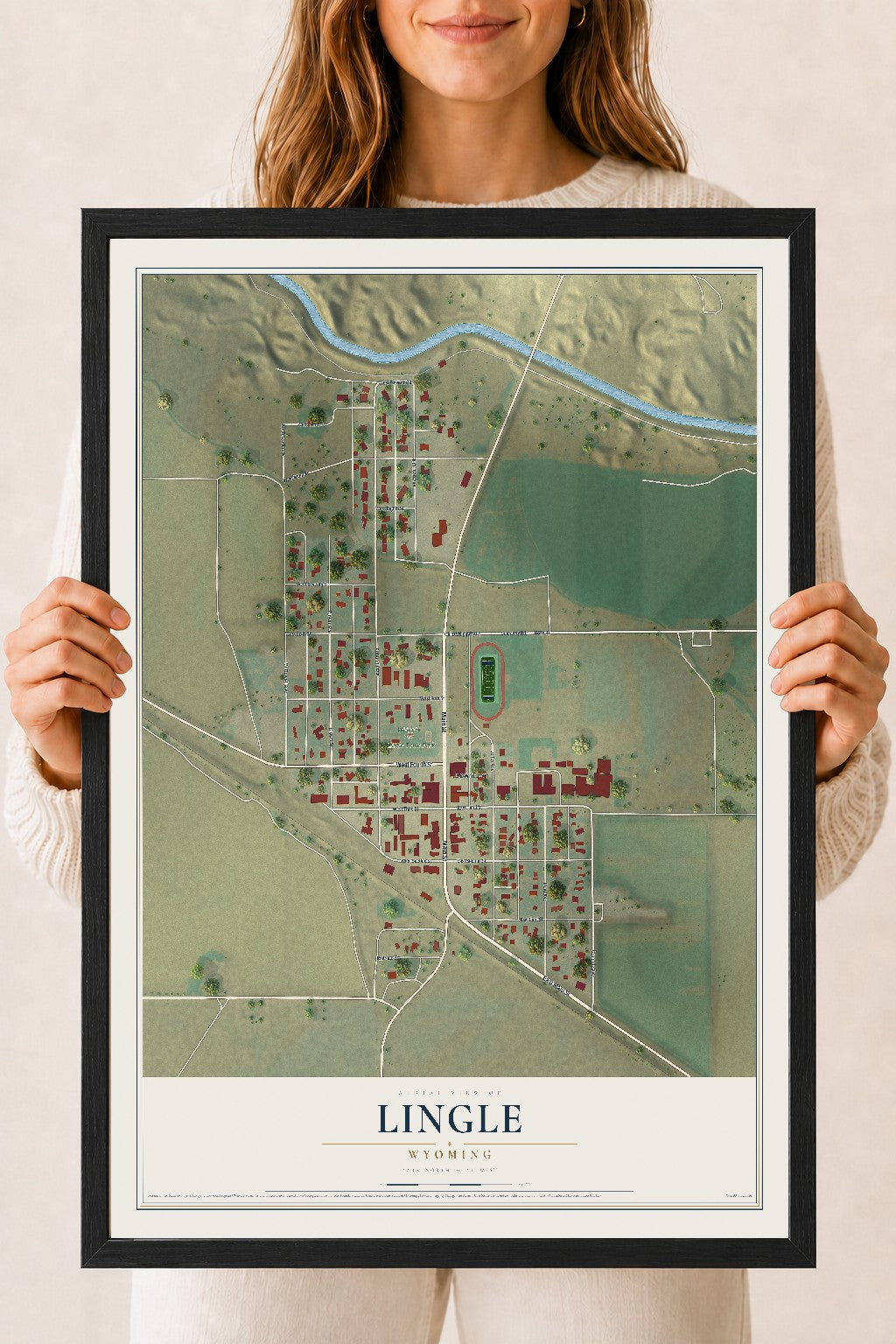Map of Lingle, Wyoming, 18 x 24 inch print in a black wood frame