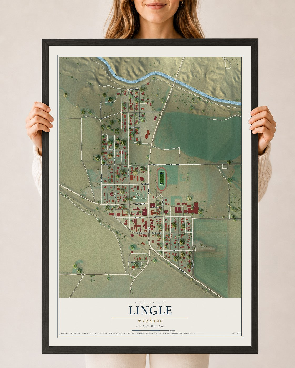 Map of Lingle, Wyoming, 24 x 36 inch print in a black wood frame