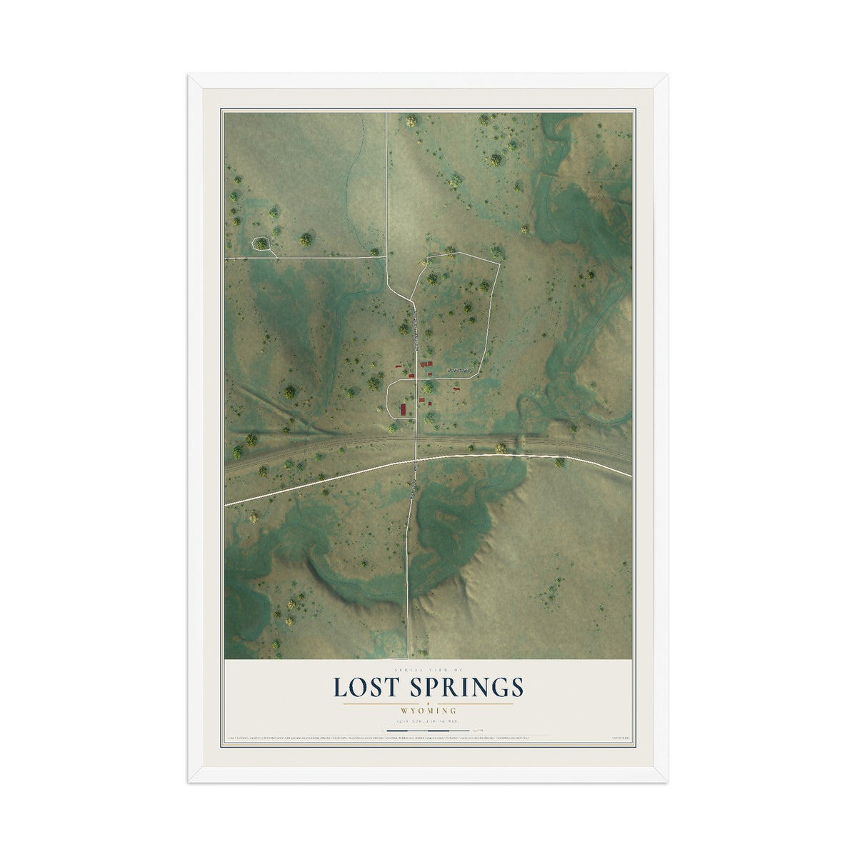 Map of Lost Springs, Wyoming, 12 x 18 inch print in a white wood frame