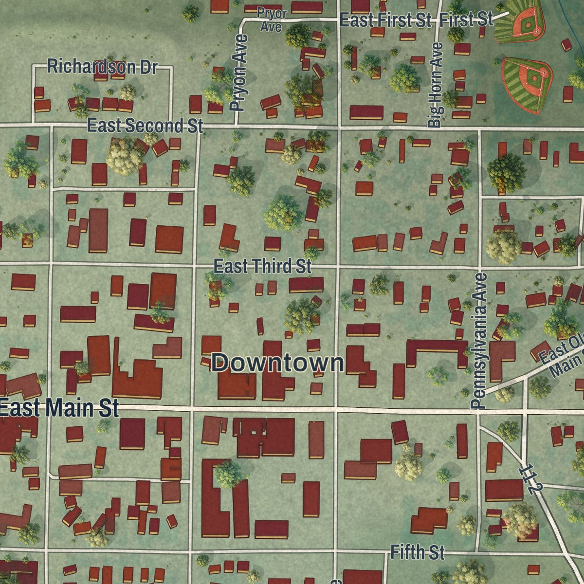 Close-up of the map of Lovell, Wyoming print showing street and building detail