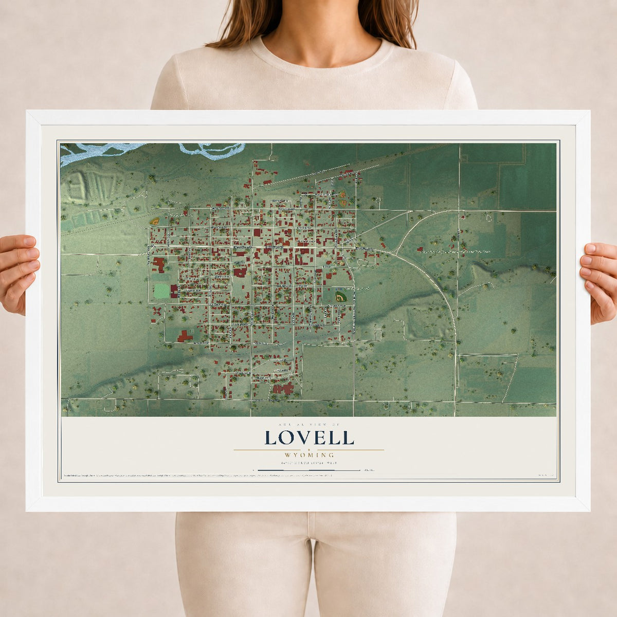Map of Lovell, Wyoming, 18 x 24 inch print in a white wood frame