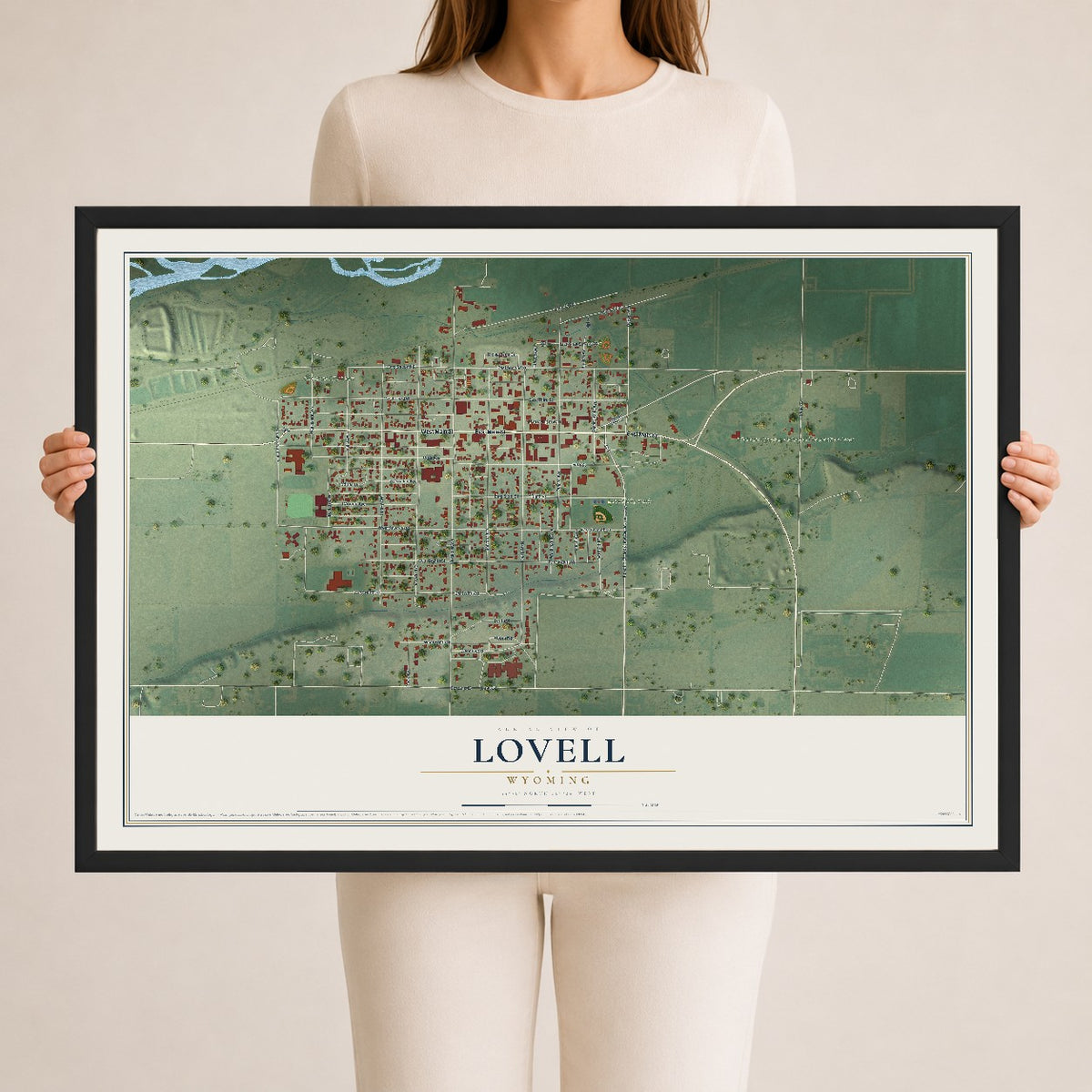 Map of Lovell, Wyoming, 24 x 36 inch print in a black wood frame