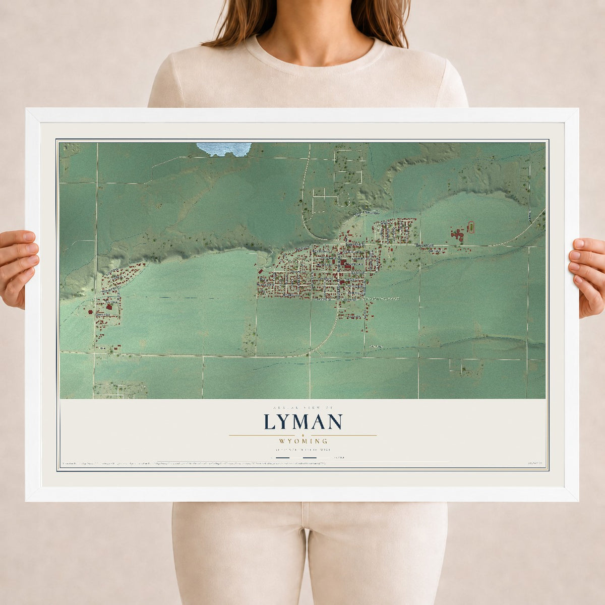 Map of Lyman, Wyoming, 18 x 24 inch print in a white wood frame