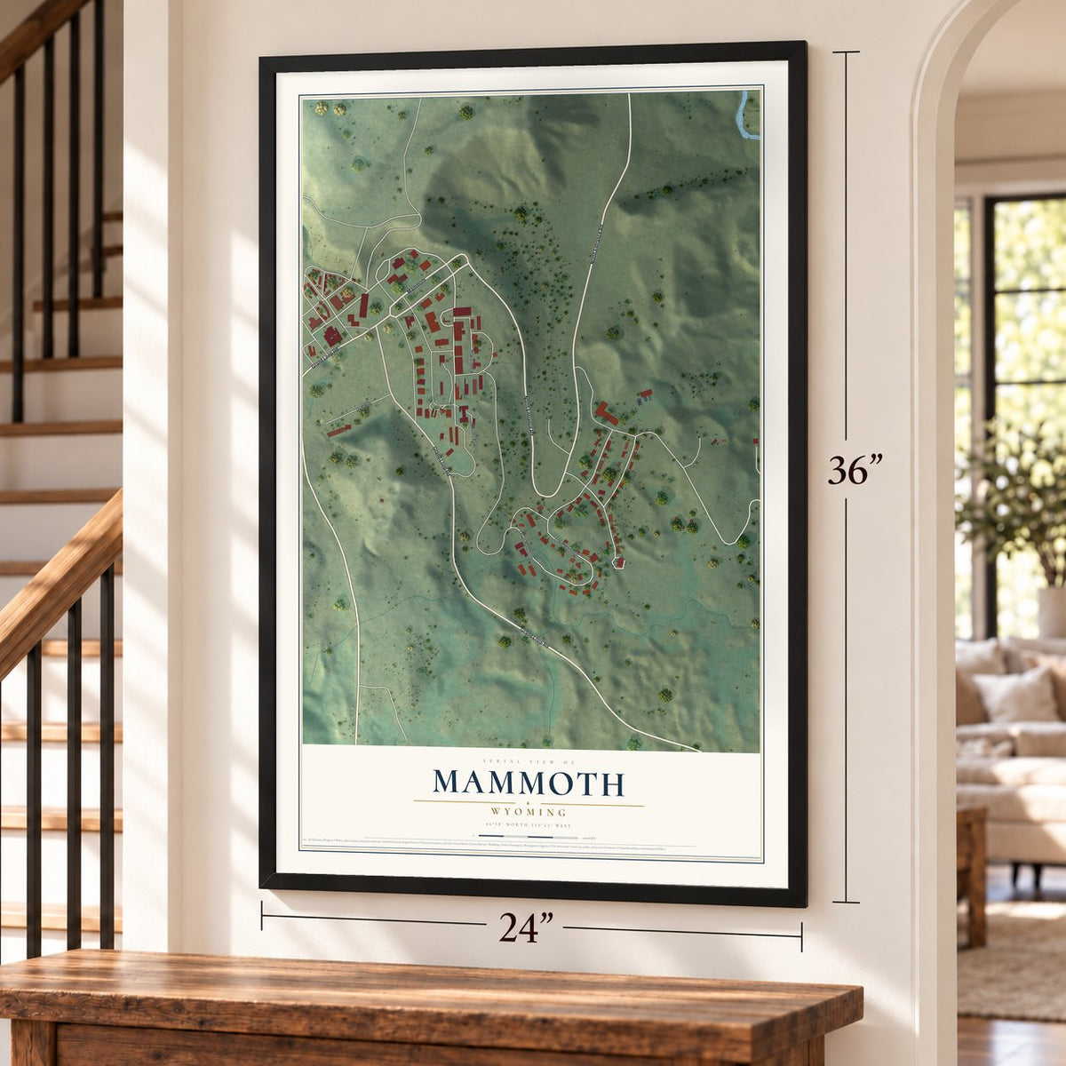 Mammoth, Wyoming map, 24 x 36 inch print in a black frame by a staircase