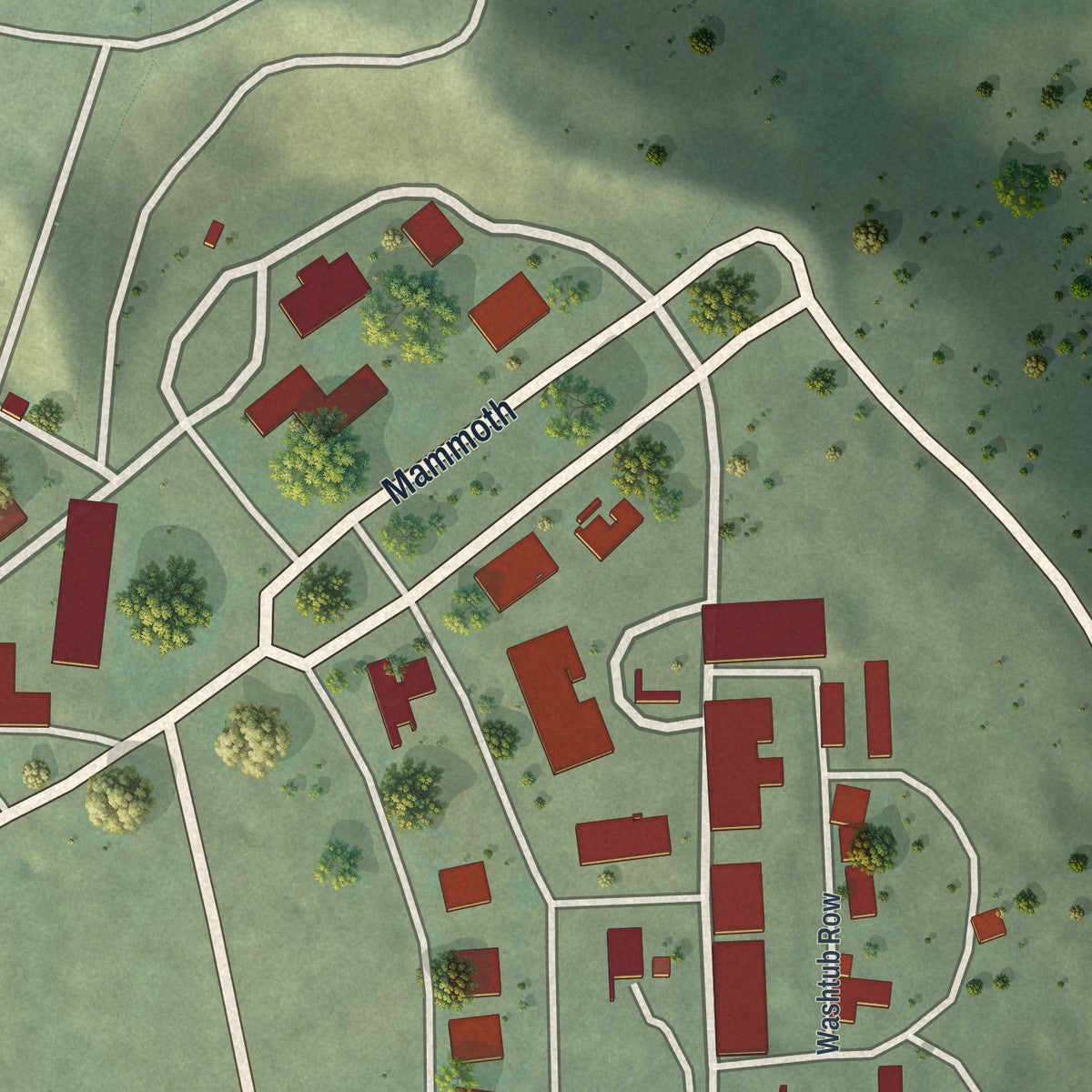 Close-up of the map of Mammoth, Wyoming print showing street and building detail