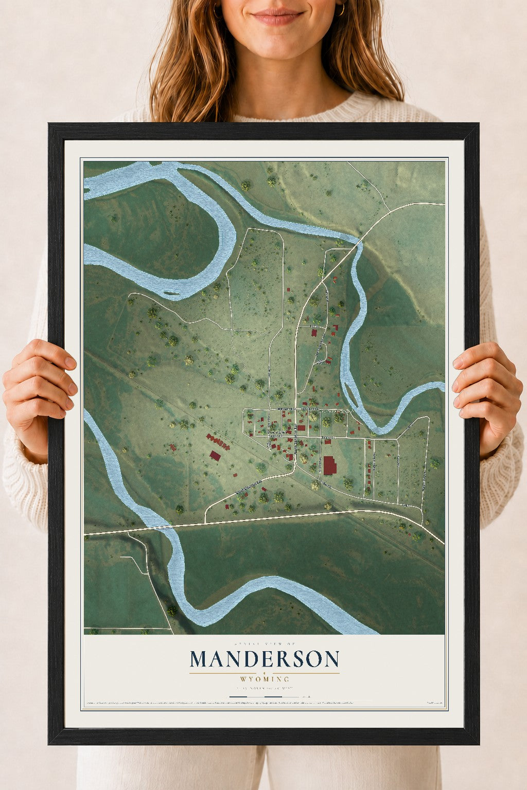 Map of Manderson, Wyoming, 18 x 24 inch print in a black wood frame