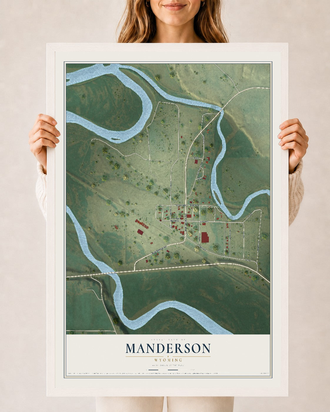 Map of Manderson, Wyoming, 24 x 36 inch print in a white wood frame