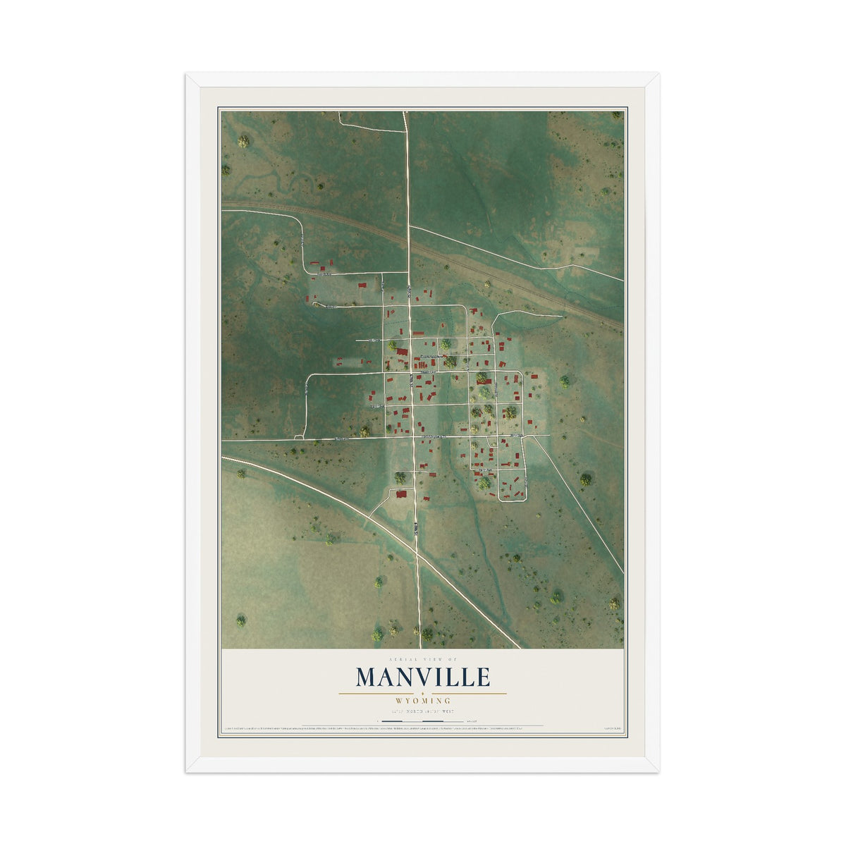 Map of Manville, Wyoming, 12 x 18 inch print in a white wood frame