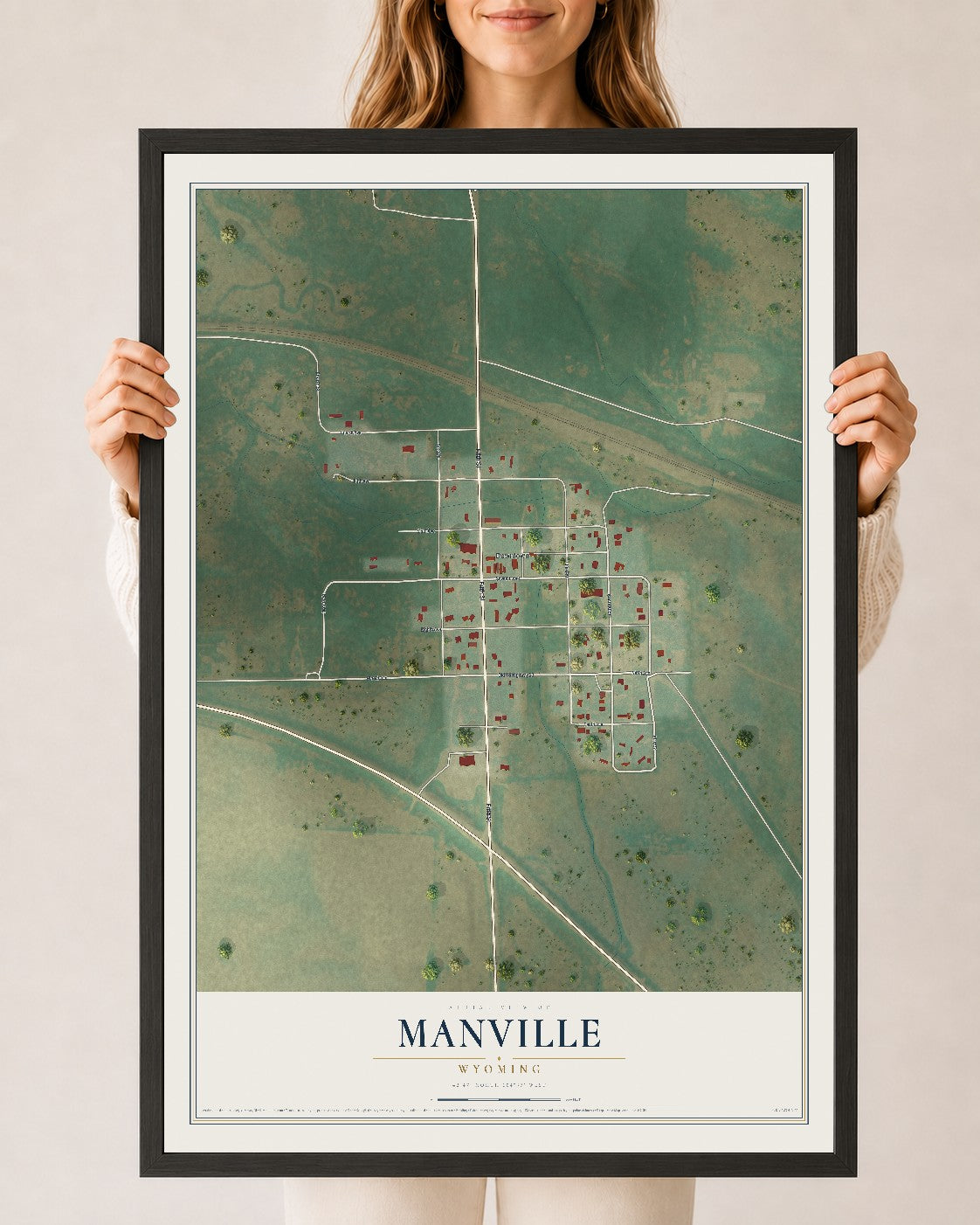 Map of Manville, Wyoming, 24 x 36 inch print in a black wood frame