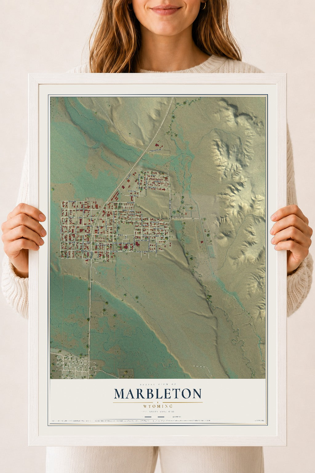 Map of Marbleton, Wyoming, 18 x 24 inch print in a white wood frame