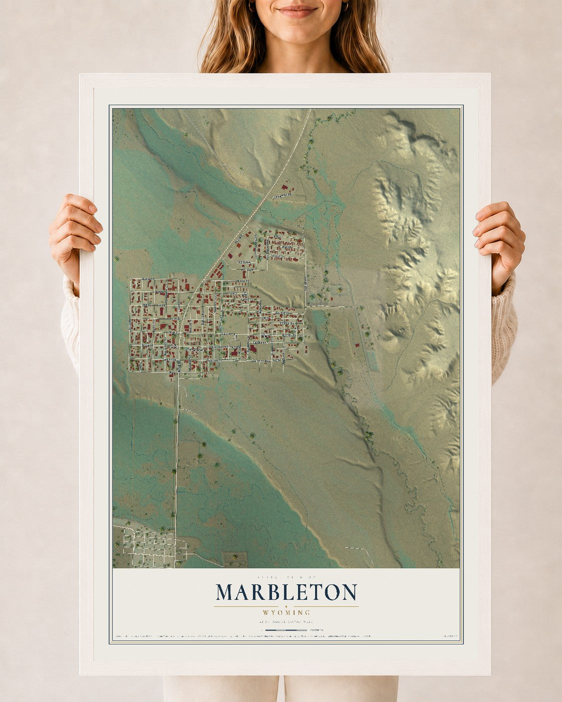 Map of Marbleton, Wyoming, 24 x 36 inch print in a white wood frame