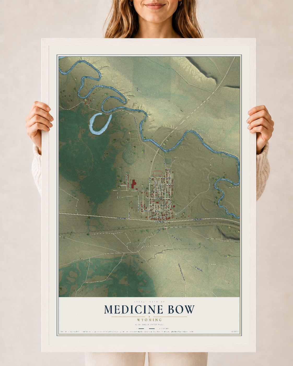 Map of Medicine Bow, Wyoming, 24 x 36 inch print in a white wood frame