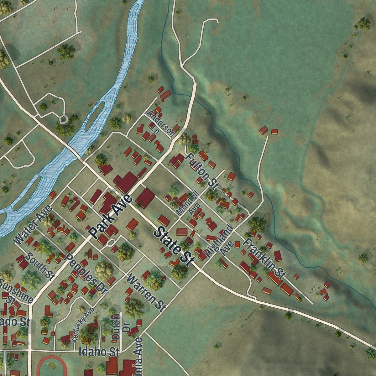 Close-up of the map of Meeteetse, Wyoming print showing street and building detail