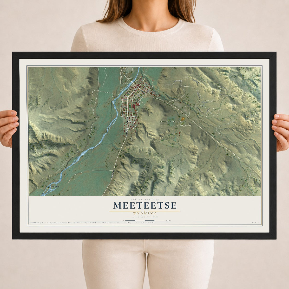 Map of Meeteetse, Wyoming, 18 x 24 inch print in a black wood frame