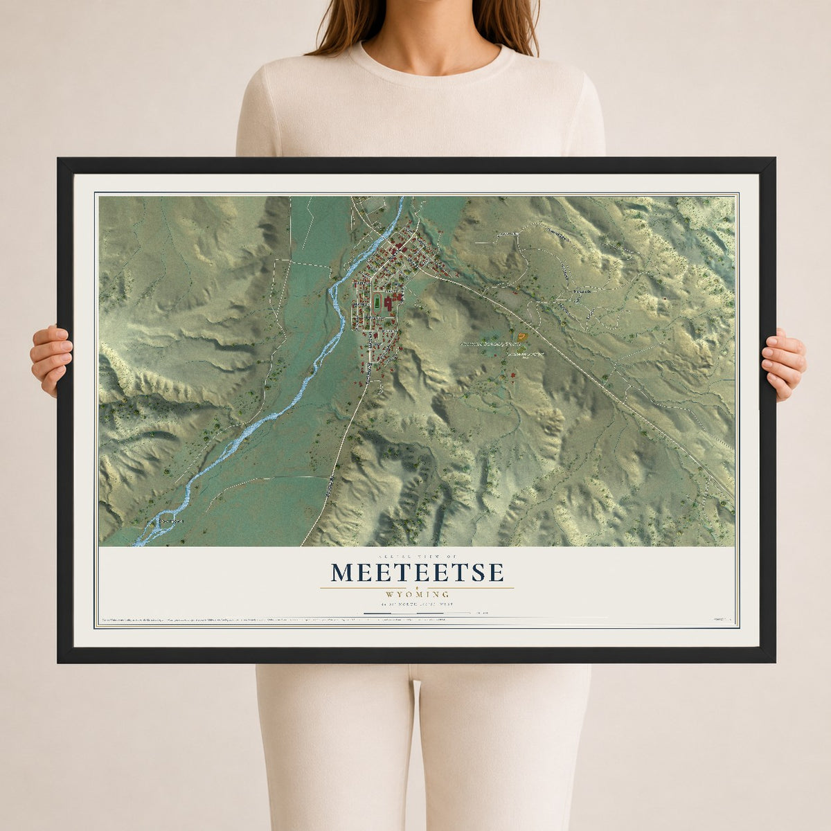 Map of Meeteetse, Wyoming, 24 x 36 inch print in a black wood frame