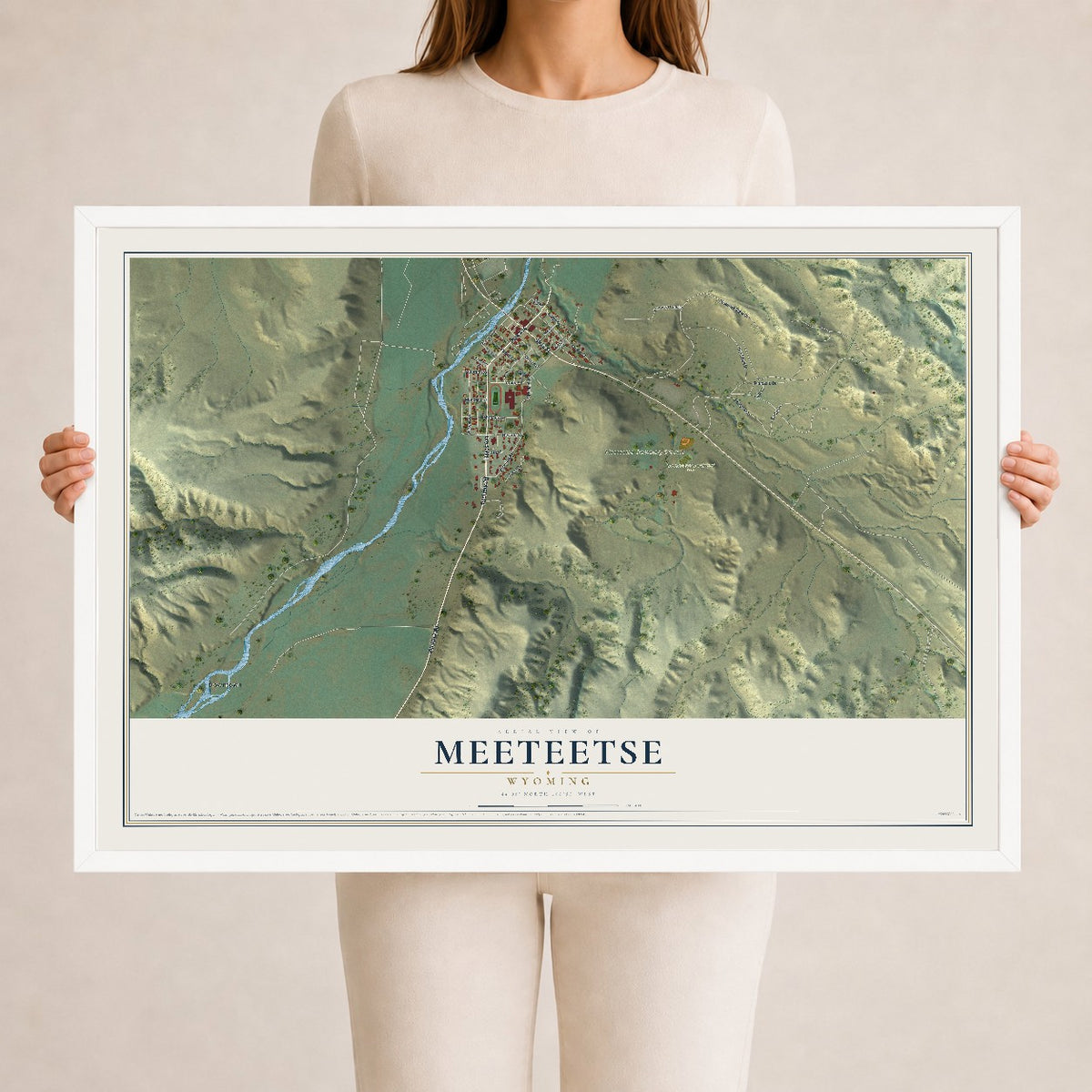 Map of Meeteetse, Wyoming, 24 x 36 inch print in a white wood frame