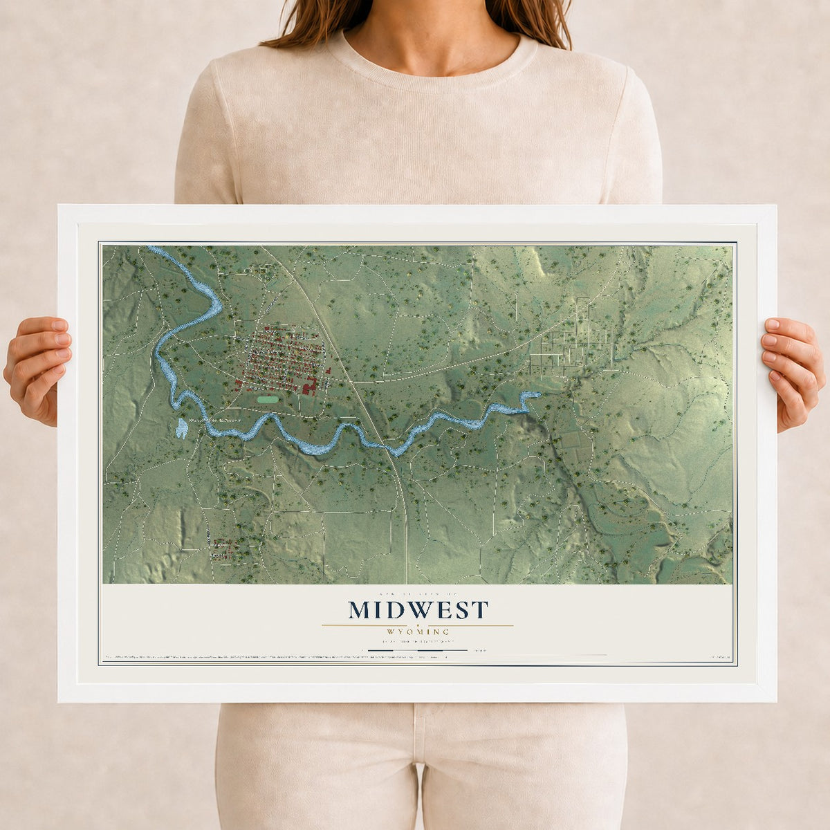 Map of Midwest, Wyoming, 12 x 18 inch print in a white wood frame