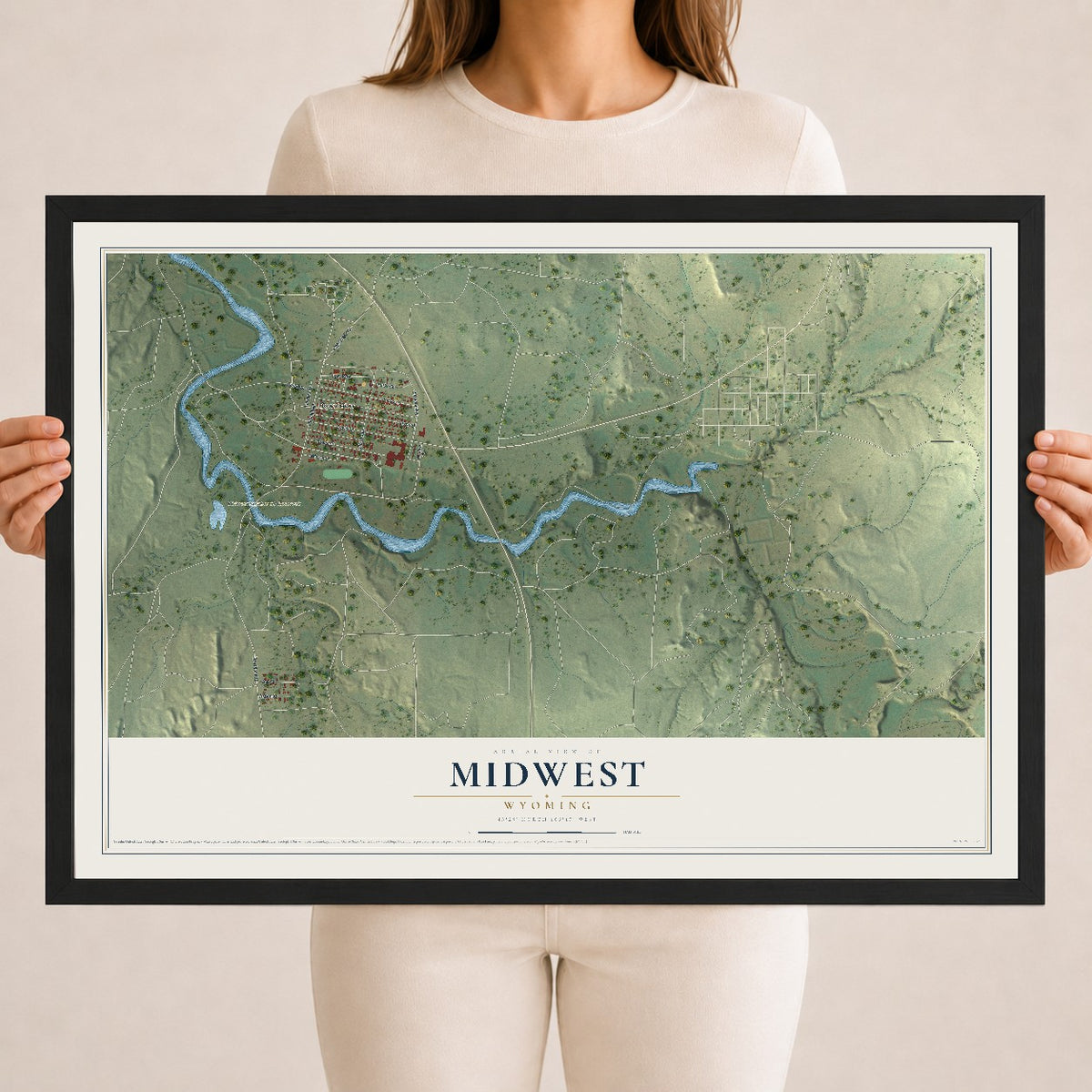 Map of Midwest, Wyoming, 18 x 24 inch print in a black wood frame