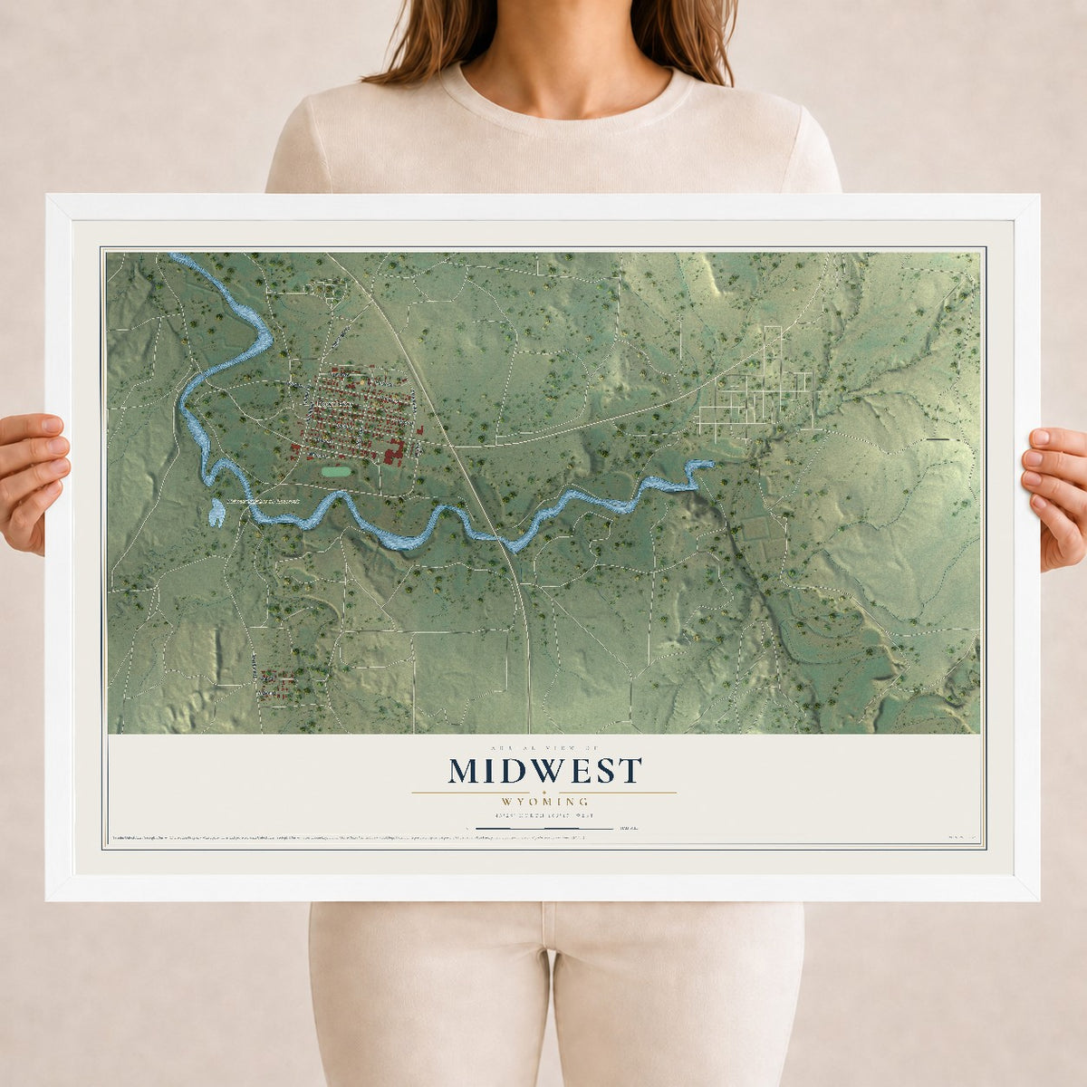 Map of Midwest, Wyoming, 18 x 24 inch print in a white wood frame