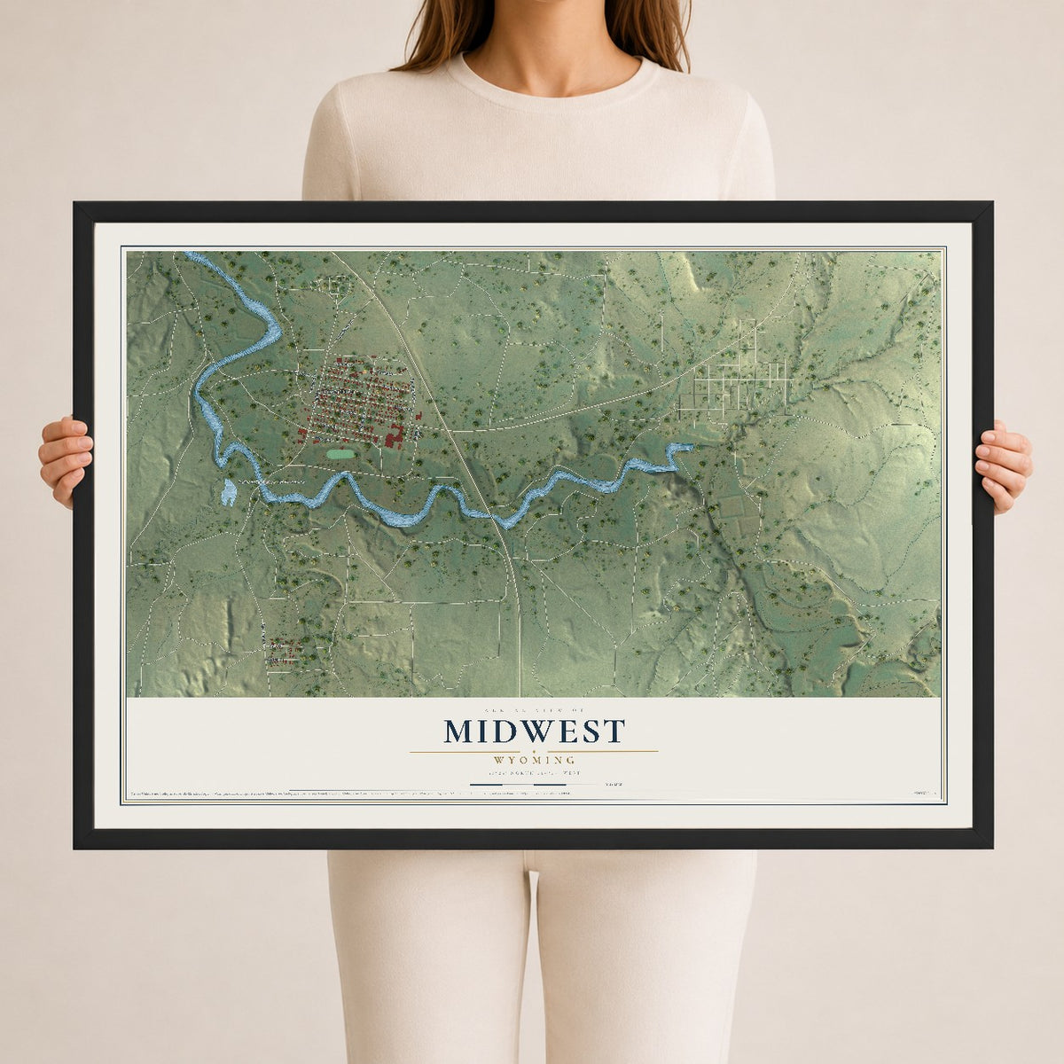Map of Midwest, Wyoming, 24 x 36 inch print in a black wood frame