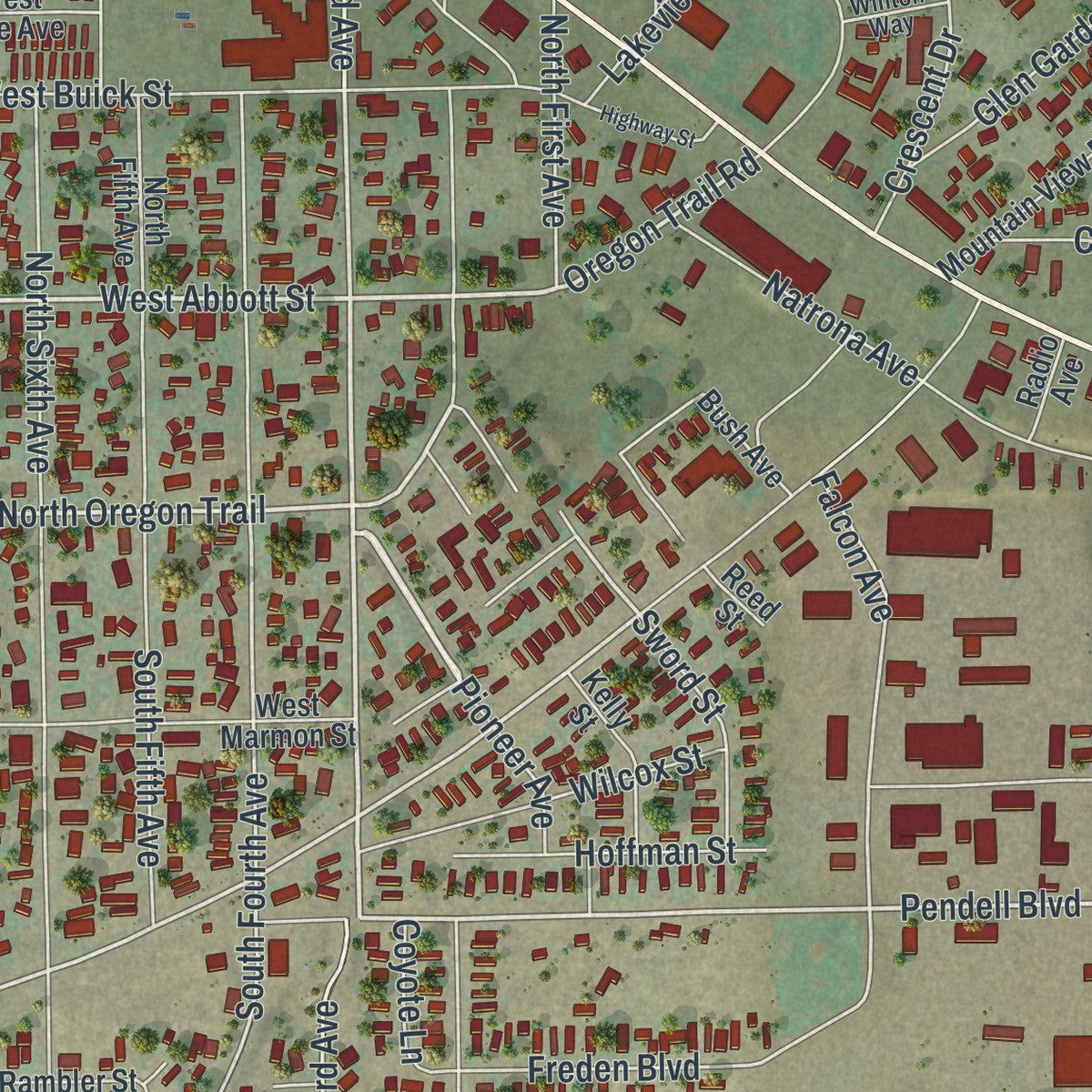 Close-up of the map of Mills, Wyoming print showing street and building detail