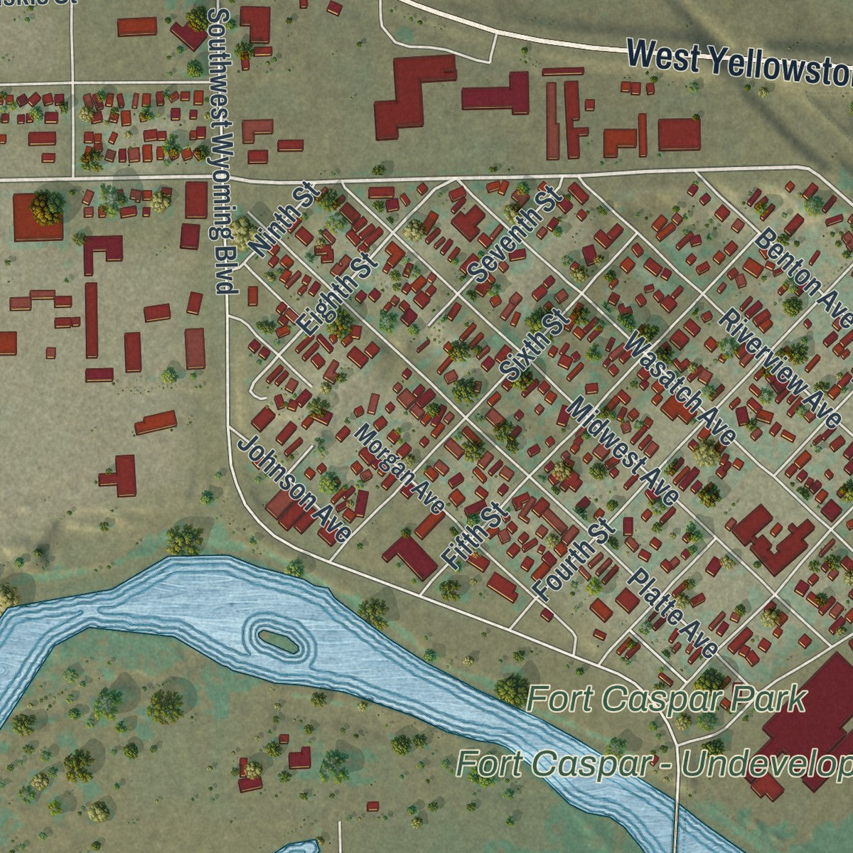 Second close-up of the map of Mills, Wyoming print showing more streets and buildings