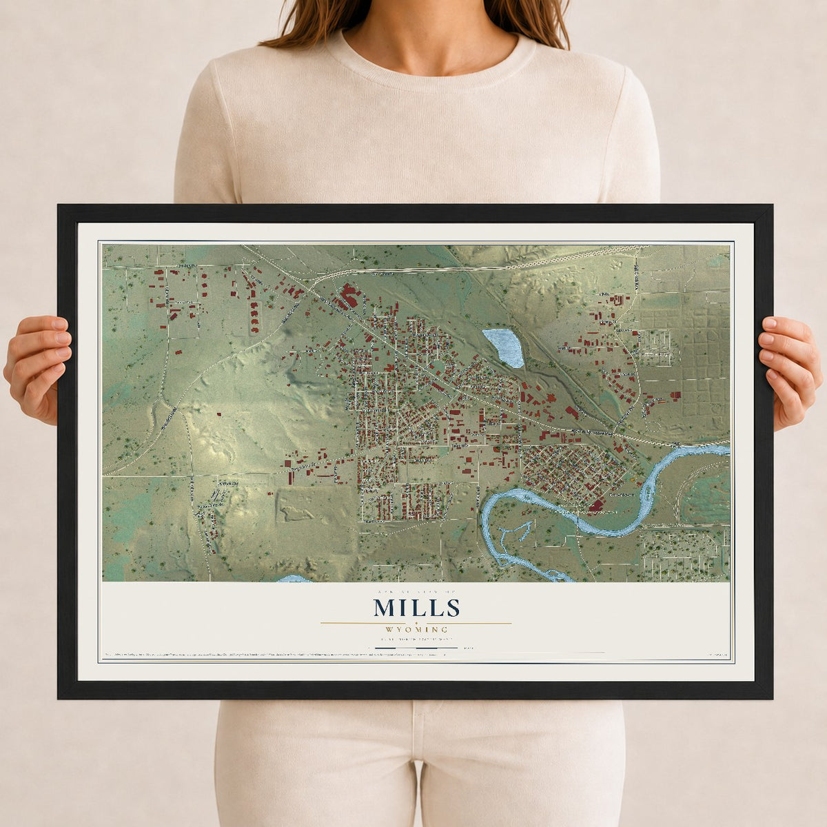 Map of Mills, Wyoming, 12 x 18 inch print in a black wood frame