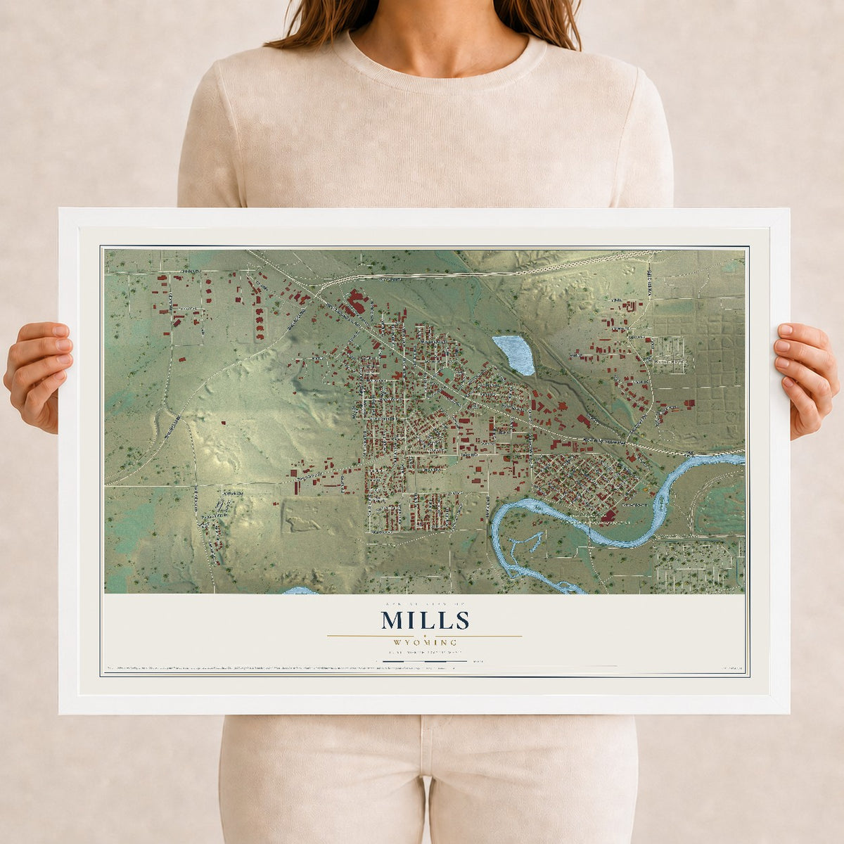 Map of Mills, Wyoming, 12 x 18 inch print in a white wood frame