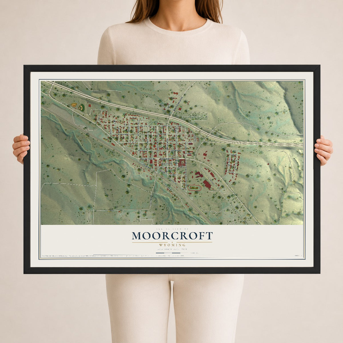 Map of Moorcroft, Wyoming, 24 x 36 inch print in a black wood frame