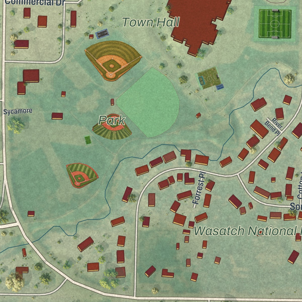 Second close-up of the map of Mountain View, Wyoming print showing more streets and buildings