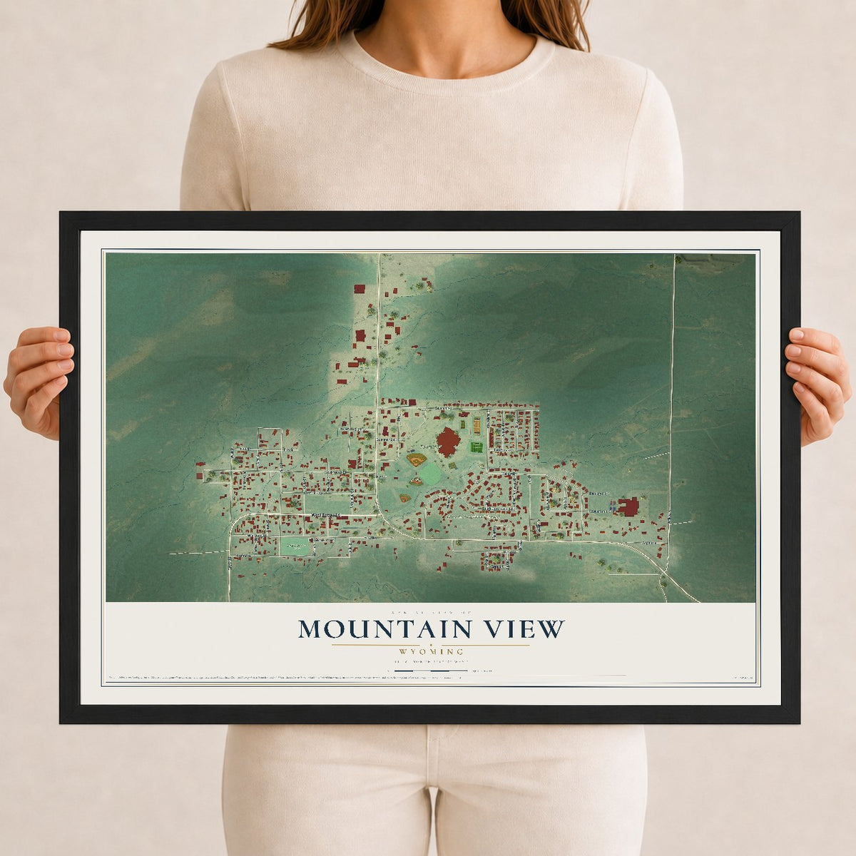 Map of Mountain View, Wyoming, 12 x 18 inch print in a black wood frame